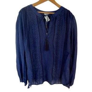 Large Women's Dylan Blue Silk/Cotton Embroidery Blouse Top Shirt Relaxed, Boho